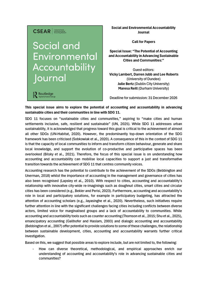 Auto-generated description: A call for papers from the Social and Environmental Accountability Journal focuses on accounting's role in advancing sustainable cities, aligned with SDG 11.